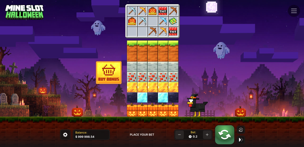 Plansza Mine Slot Halloween z blokami ziemi, złota i dyń oraz przyciskiem Buy Bonus