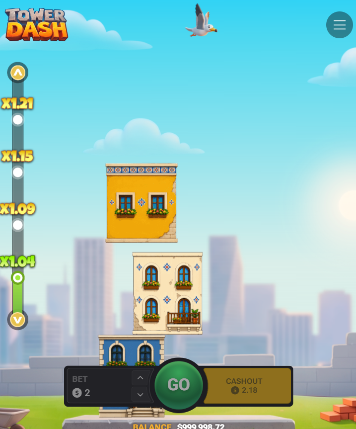 Tower Dash na telefonie w pionie z przyciskami Go i Cashout