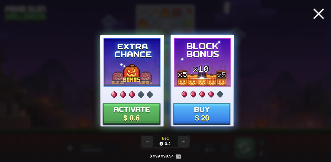 Okno z cenami Extra Chance i Block Bonus w Mine Slot Halloween na monitorze