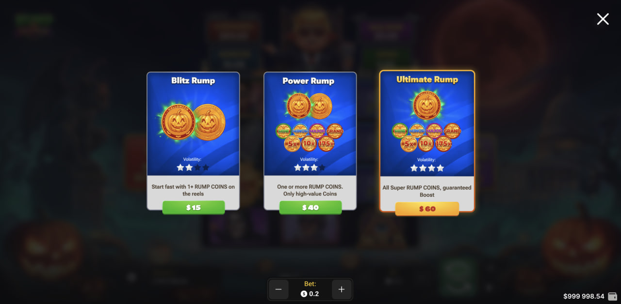 Menu Buy Bonus w Rump & Halloween z cenami Blitz, Power i Ultimate Rump