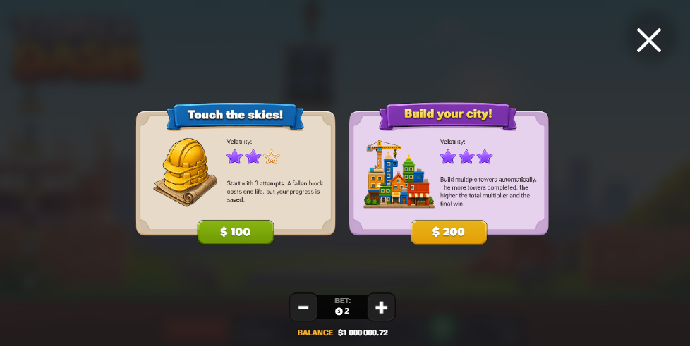 Bonus Buy w Tower Dash z opcjami Touch the skies i Build your city