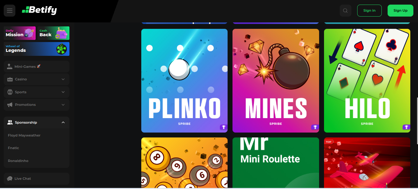 Dział minigier w Betify z Plinko, Mines i Hilo