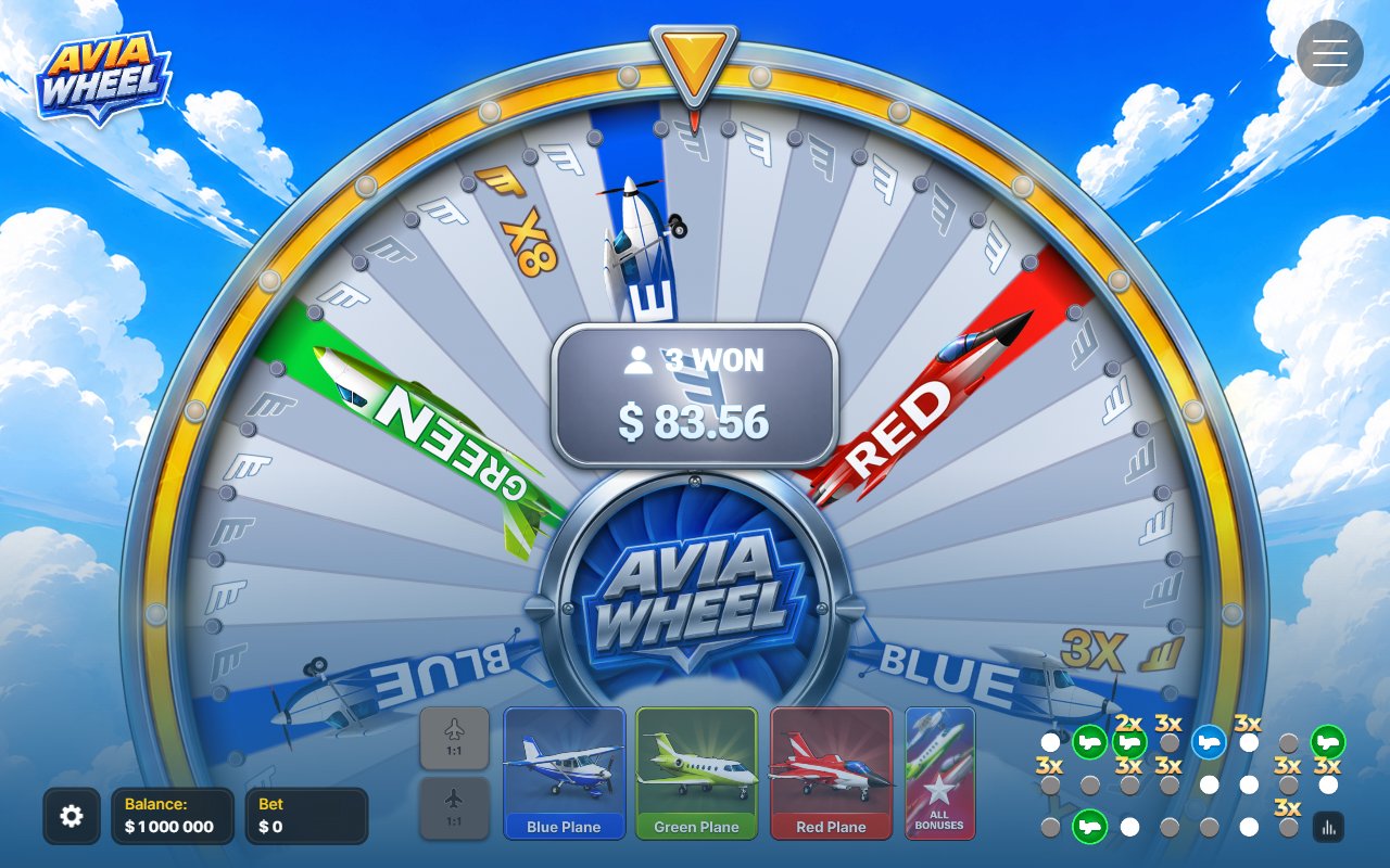Avia Wheel opinia kasyno demo gra – koło z mnożnikami ×8 i 3X ustawionymi przed losowaniem oraz licznikiem 3 WON w środku