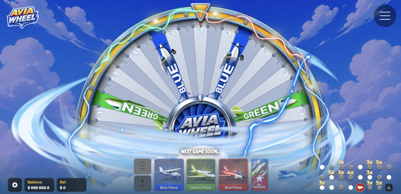 Avia Wheel opinia demo gra kasyno – koło z 45 sektorami i kartami samolotów Blue Plane, Green Plane oraz Red Plane na ekranie komputera