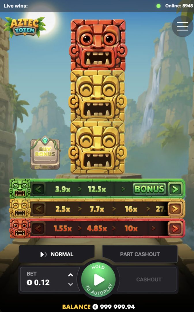 Aztec Totem na smartfonie w pionie z przyciskami Cashout i Part Cashout